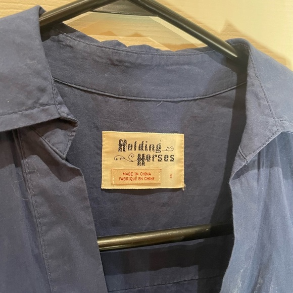 Anthropologie HOLDING HORSES Navy and White Paisley Long Sleeve Dress - Picture 3 of 6